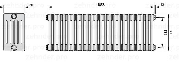 Схема (чертеж) Радиатор Zehnder Charleston 6060/23 №7610 Белый глянцевый RAL 9016